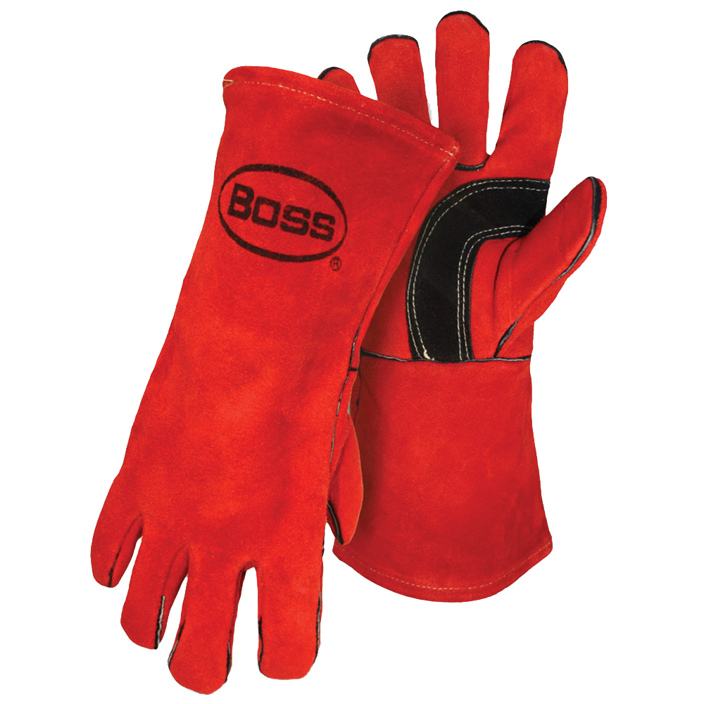 4096 Welder Gloves, L, Gauntlet Cuff, Leather Palm, Red, Leather Back