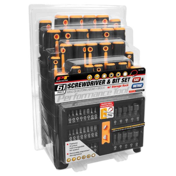 Performance Tool W1731 Screwdriver and Bit Set, 61-Piece, Alloy Steel, Satin