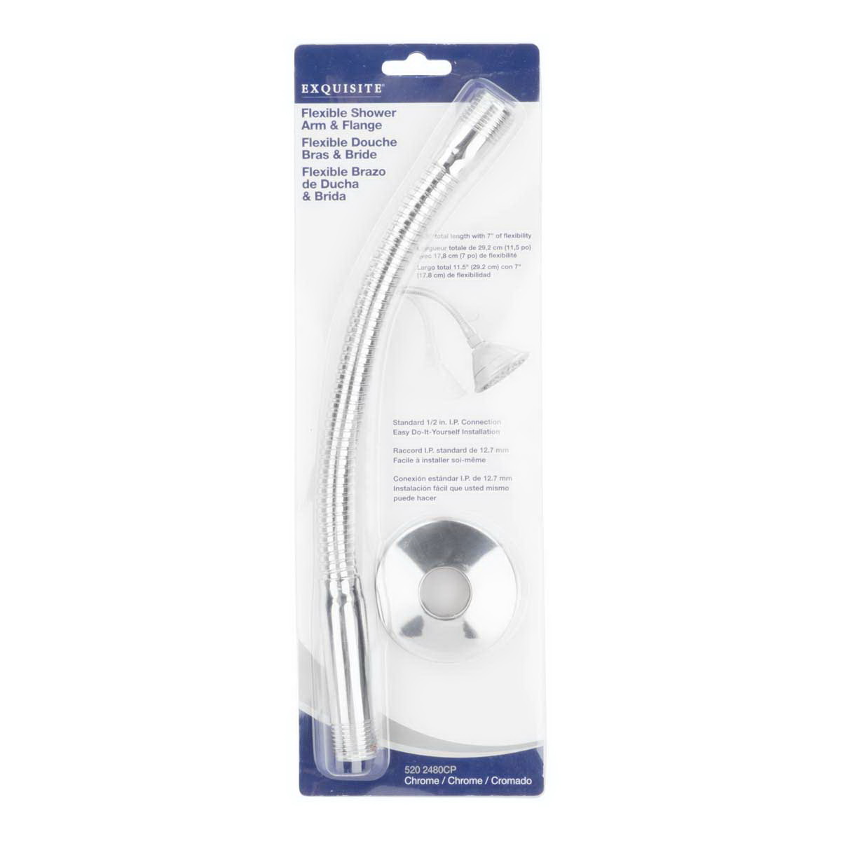 Flexible Memory Shower Arm with Flange, Exquisite, 1/2 in Connection, IPS, 11 in L, Steel, Chrome Plated - 3
