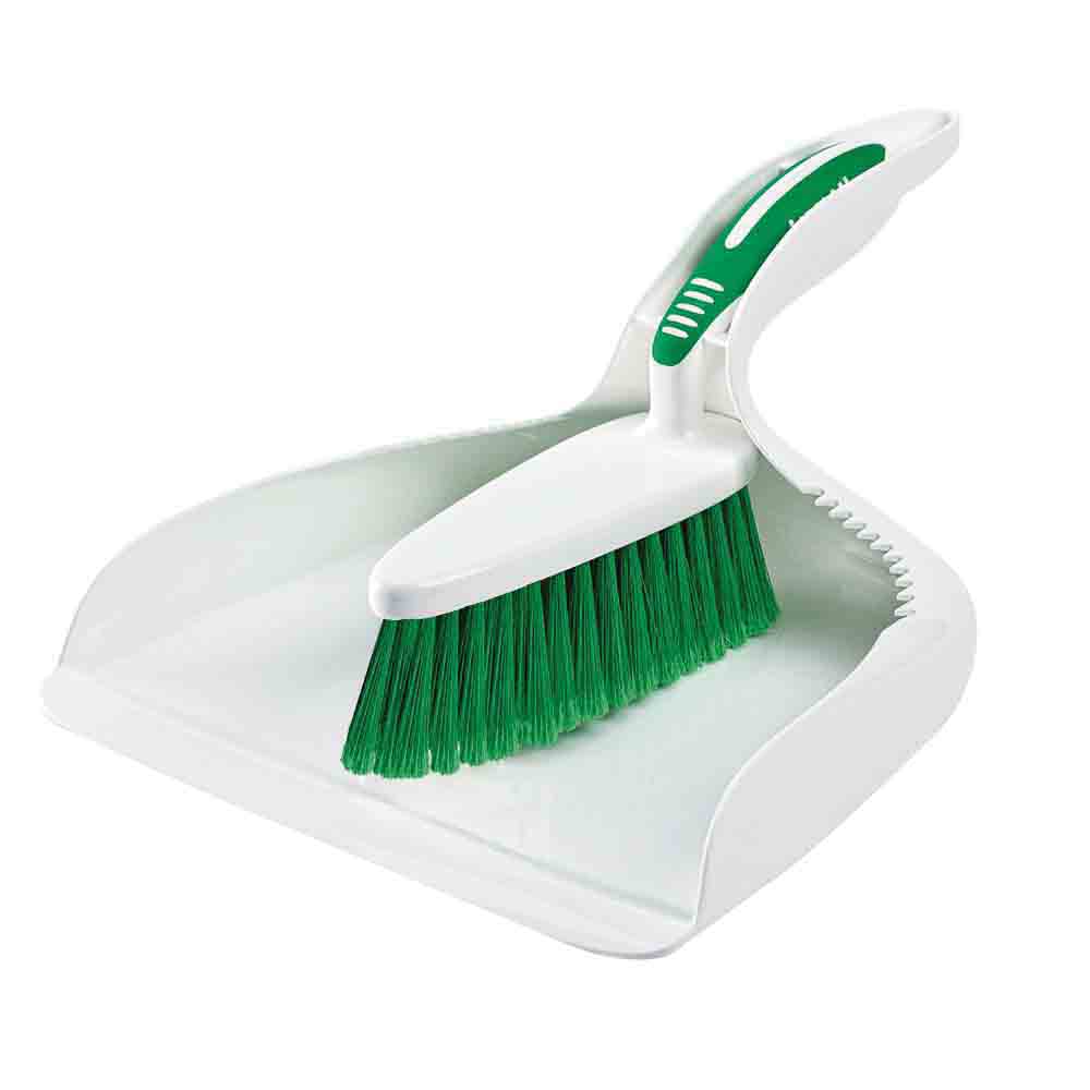 95 Dustpan and Brush Set, 9-1/2 in W, PET Fibers, Green/White