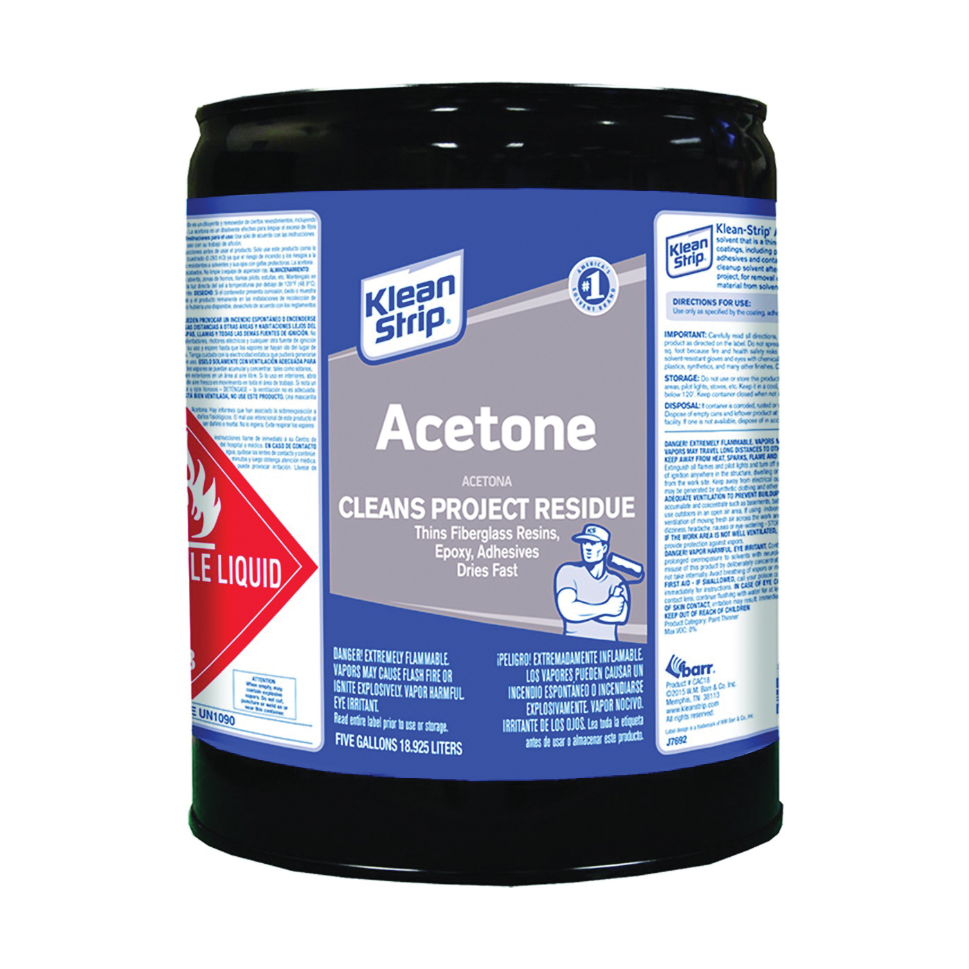 CAC18 Acetone Thinner, Liquid, Characteristic Ketone, Sweet Pungent, Clear, 5 gal, Can