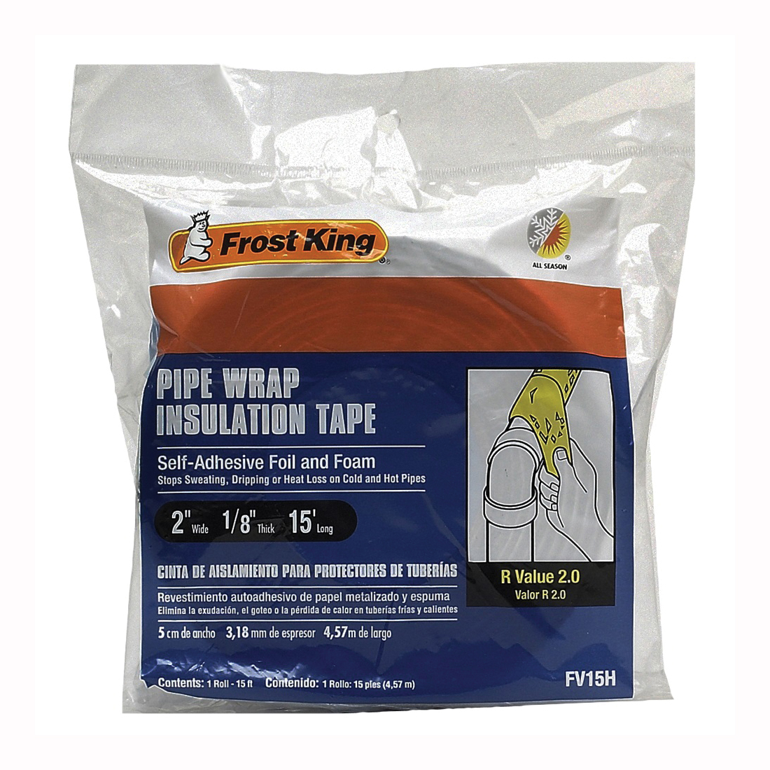 FV15H Pipe Wrap Kit, 15 ft L, 2 in W, 1/8 in Thick, 2 R-Value, Silver