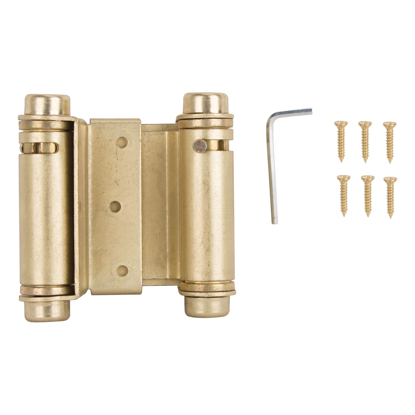 LR-024-LPS Spring Hinge, Steel, Satin Brass, Tension Pin, 180 deg Range of Motion, Screw Mounting, 12 lb
