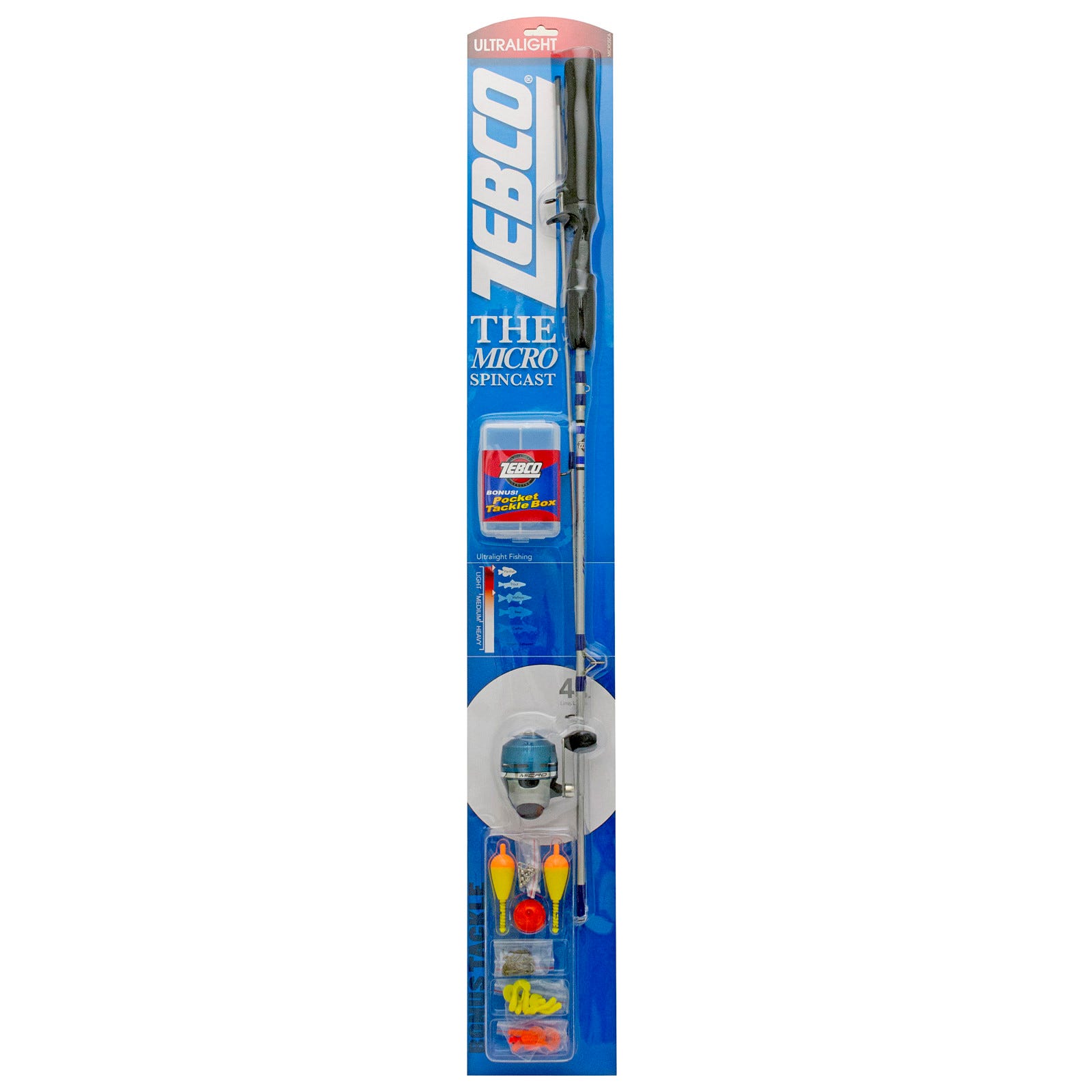 Zebco MICROSCA Spincast Combo, 4 ft 6 in L Rod, 4.3:1 Gear Ratio, Retrieve: Right, Comfortable Handle, Blue