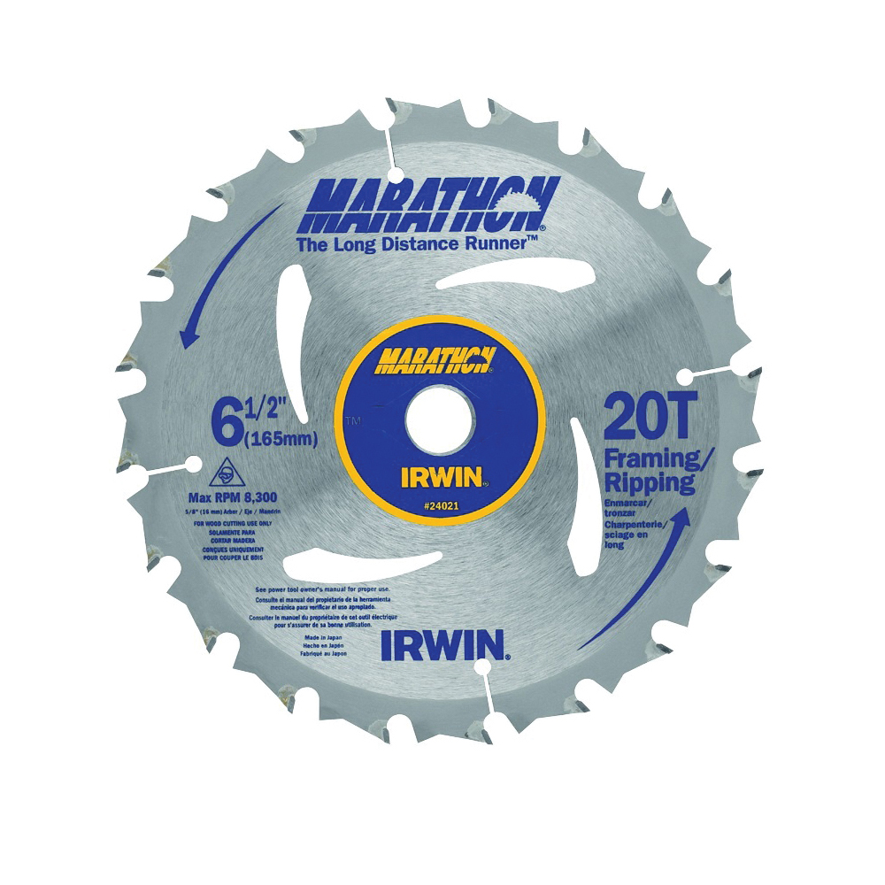 24021 Circular Saw Blade, 6-1/2 in Dia, 5/8 in Arbor, 20-Teeth, Carbide Cutting Edge