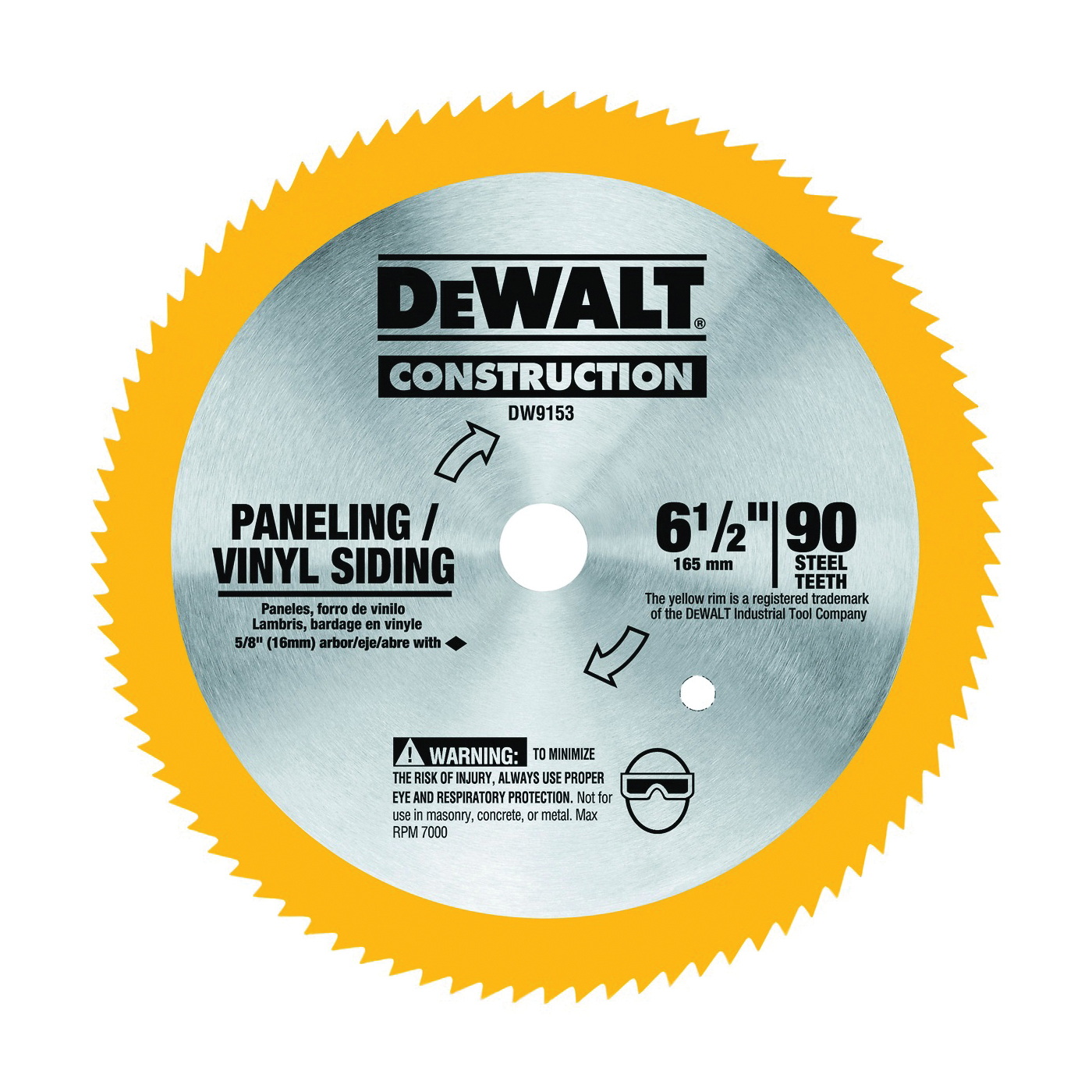 DeWALT DW9153 Circular Saw Blade, 6-1/2 in Dia, 5/8 in Arbor, 90-Teeth, Steel Cutting Edge