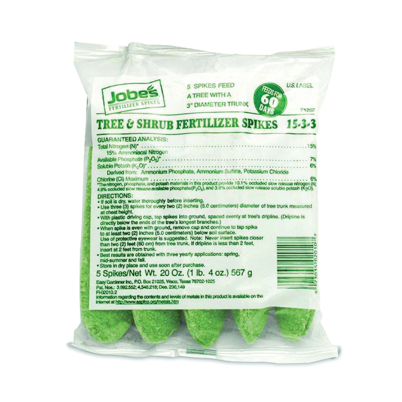 02010 Fertilizer Spike Bag, Spike, Light Green, Slight Ammonia Bag