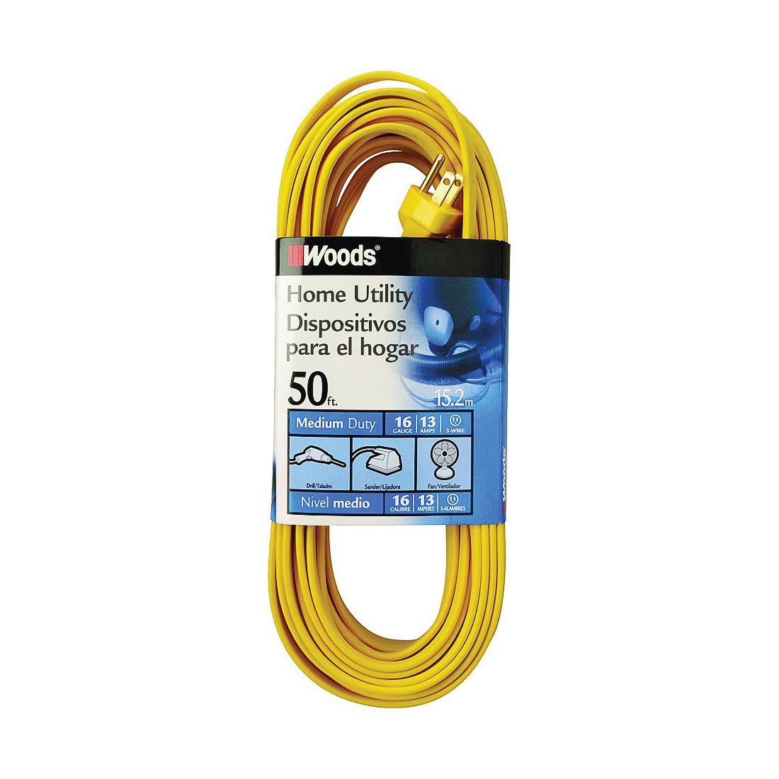 Woods 0832 Extension Cord, 16 AWG Cable, 50 ft L, 10 A, 125 V, Yellow