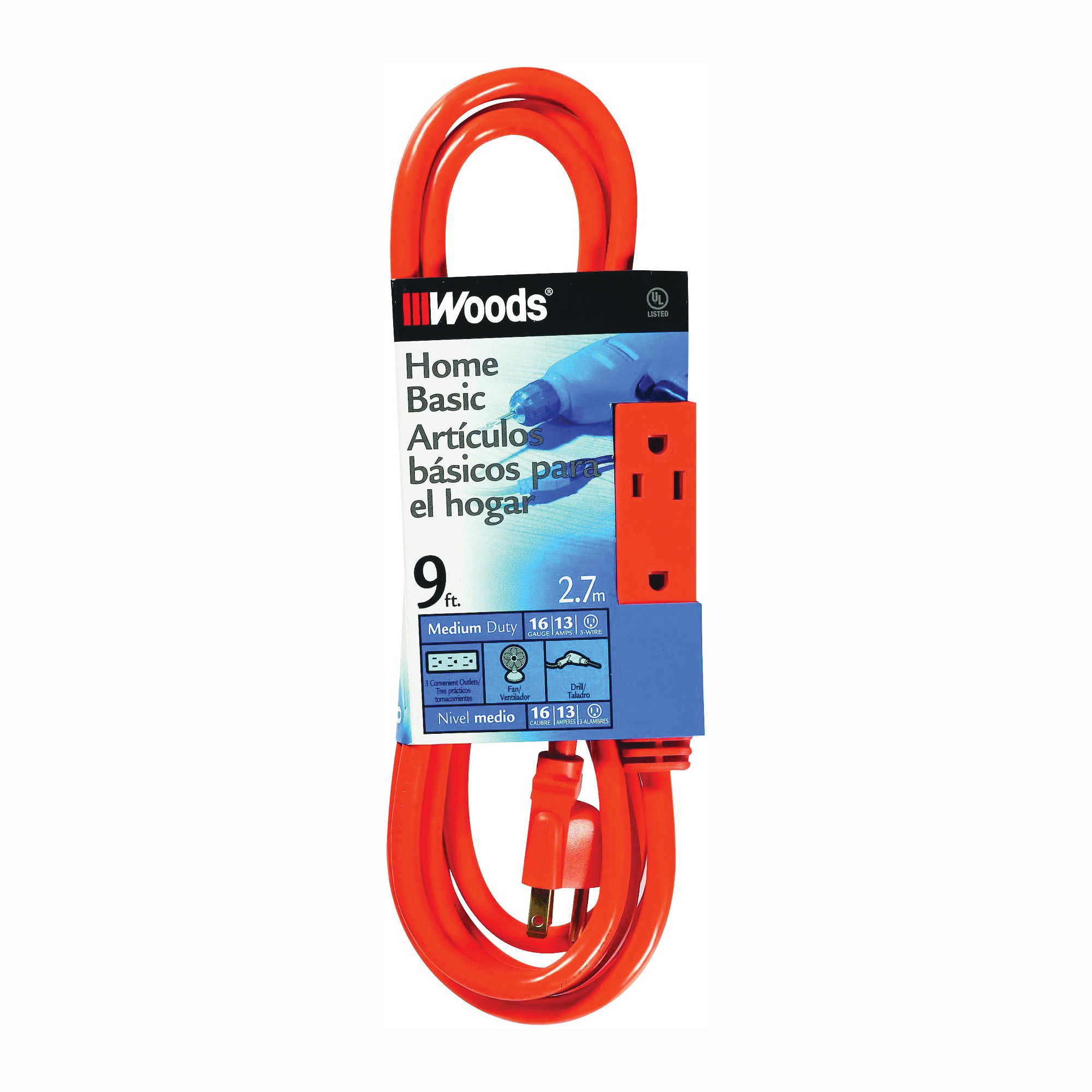 CCI 2864 Extension Cord, 16 AWG Cable, 9 ft L, 13 A, Orange