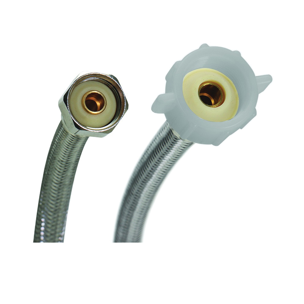 B4T16 Toilet Connector, 1/2 in Inlet, FIP Inlet, 7/8 in Outlet, Ballcock Outlet, Stainless Steel Tubing, 16 in L