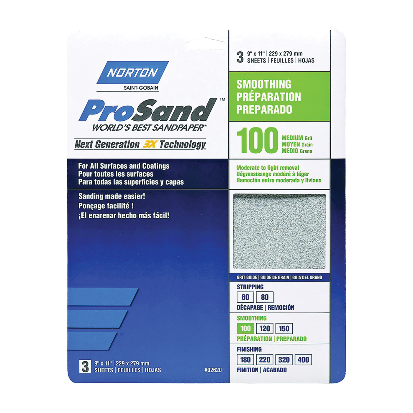 ProSand 07660768162 Sanding Sheet, 11 in L, 9 in W, Medium, 100 Grit, Aluminum Oxide Abrasive, Paper Backing, 3 pk