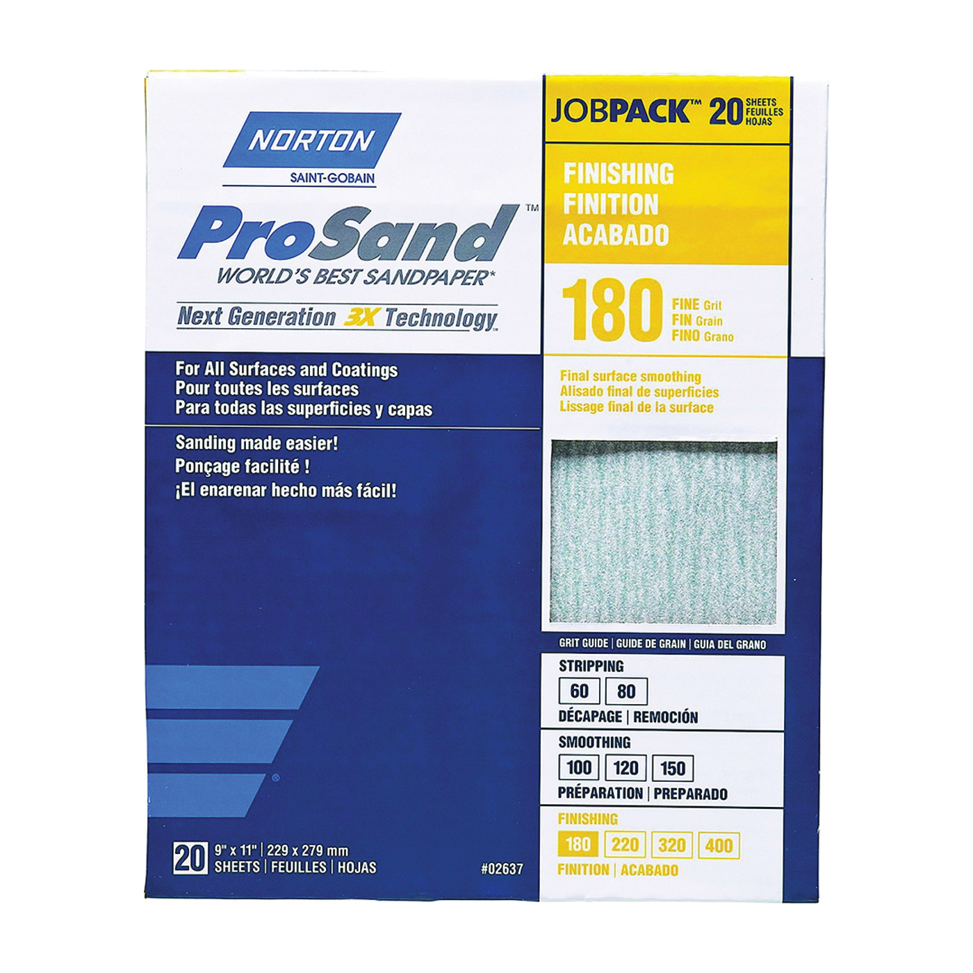 ProSand 07660768168 Sanding Sheet, 11 in L, 9 in W, Fine, 180 Grit, Aluminum Oxide Abrasive, Paper Backing