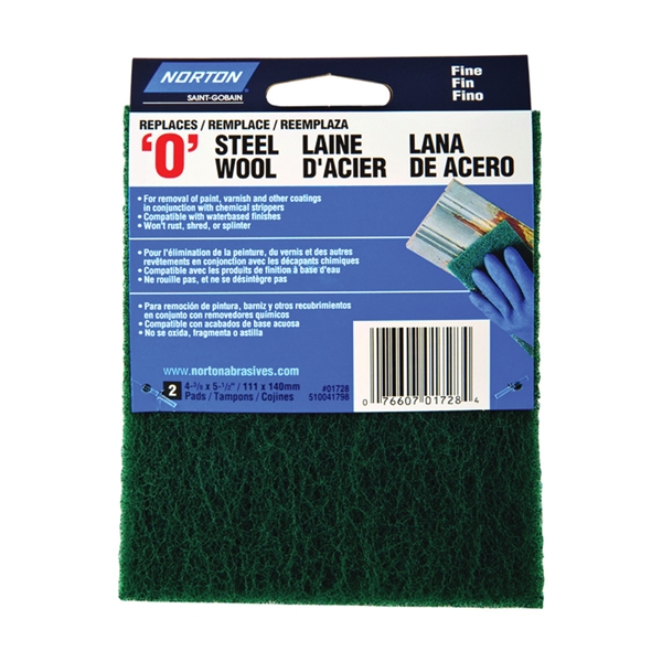 01728 Steel Wool, 4-3/8 in L, 5-1/2 in W, #0 Grit, Fine, Green
