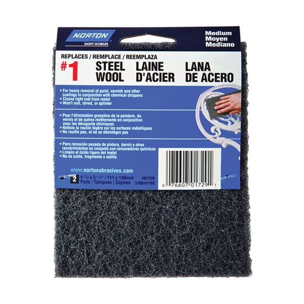 01729 Steel Wool, 4-3/8 in L, 5-1/2 in W, #1 Grit, Medium, Charcoal