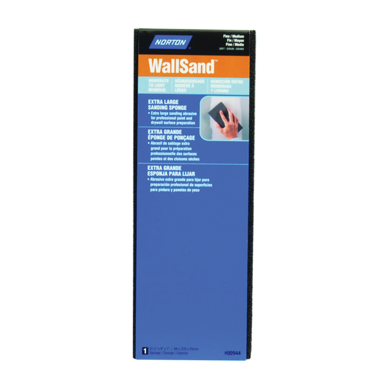 Norton WallSand 00944 Sanding Sponge, 9 in L, 3-5/16 in W, 80, 120 Grit, Fine, Medium, Aluminum Oxide Abrasive