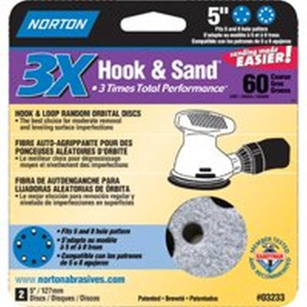 Norton 03233 Sanding Disc, 5 in Dia, 11/16 in Arbor, Coated, 60 Grit, Coarse, Alumina Ceramic Abrasive, Spiral