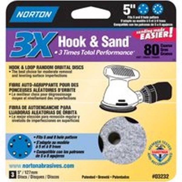 Norton 03232 Sanding Disc, 5 in Dia, 11/16 in Arbor, Coated, P80 Grit, Coarse, Alumina Ceramic Abrasive, Paper Backing