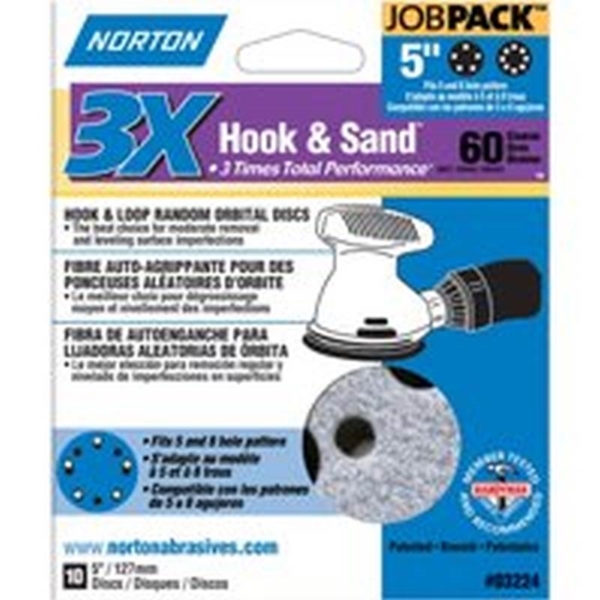 Norton 03224 Sanding Disc, 5 in Dia, 11/16 in Arbor, Coated, P60 Grit, Coarse, Zirconia Aluminum Abrasive, Spiral