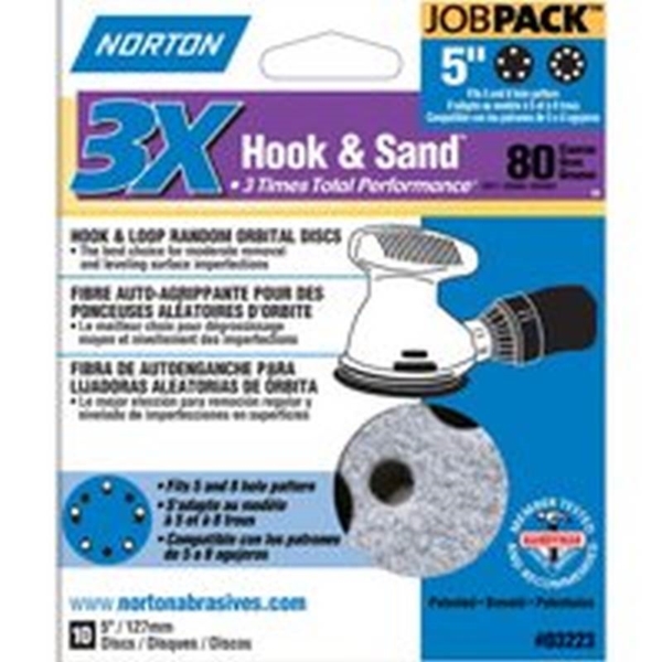 Norton 03223 Sanding Disc, 5 in Dia, 11/16 in Arbor, Coated, P80 Grit, Coarse, Alumina Ceramic Abrasive, Paper Backing