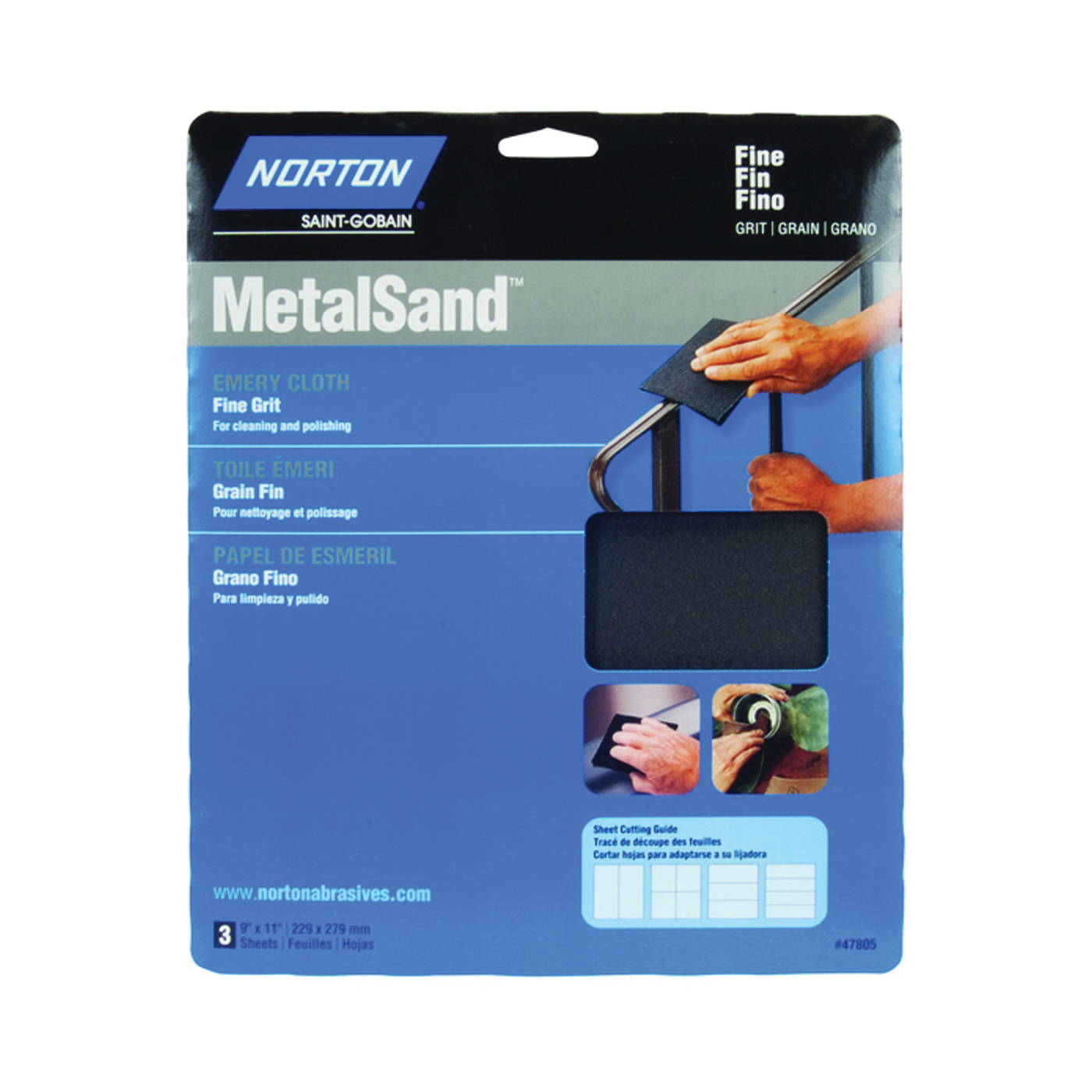 MetalSand 07660747805 Sanding Sheet, 11 in L, 9 in W, Fine, Emery Abrasive, Cloth Backing, 3 pk