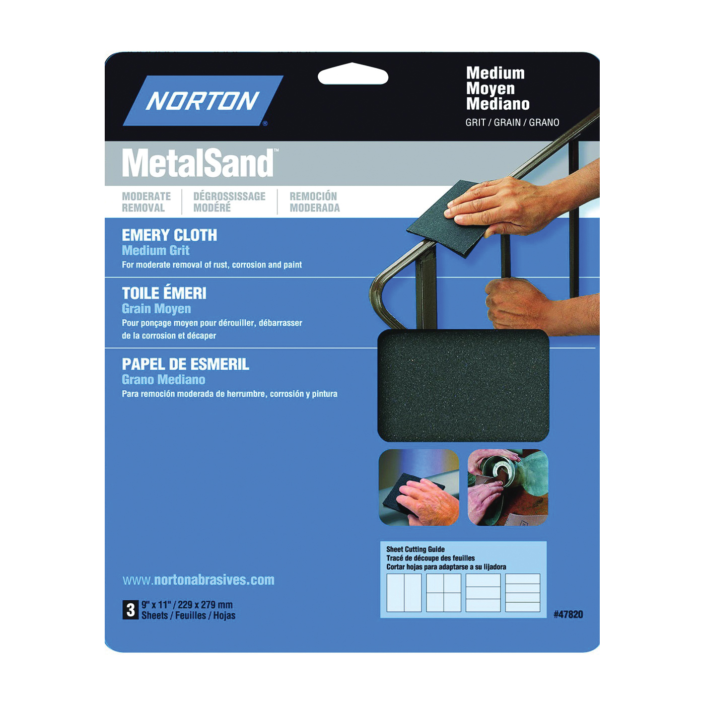 MetalSand 07660747820 Sanding Sheet, 11 in L, 9 in W, Medium, Emery Abrasive, Cloth Backing