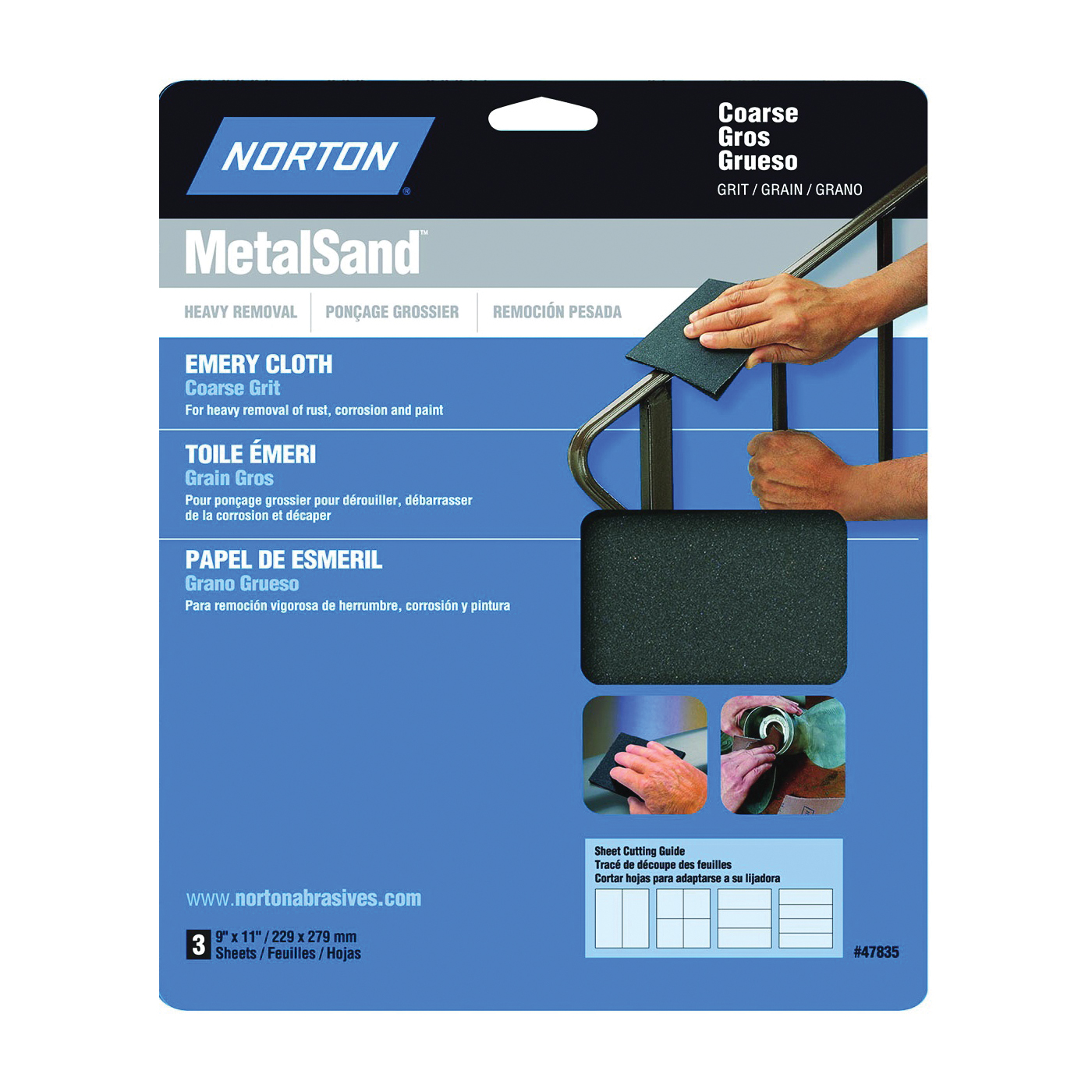 MetalSand 07660747835 Sanding Sheet, 11 in L, 9 in W, Coarse, 80 Grit, Emery Abrasive, Cloth Backing, 3 pk