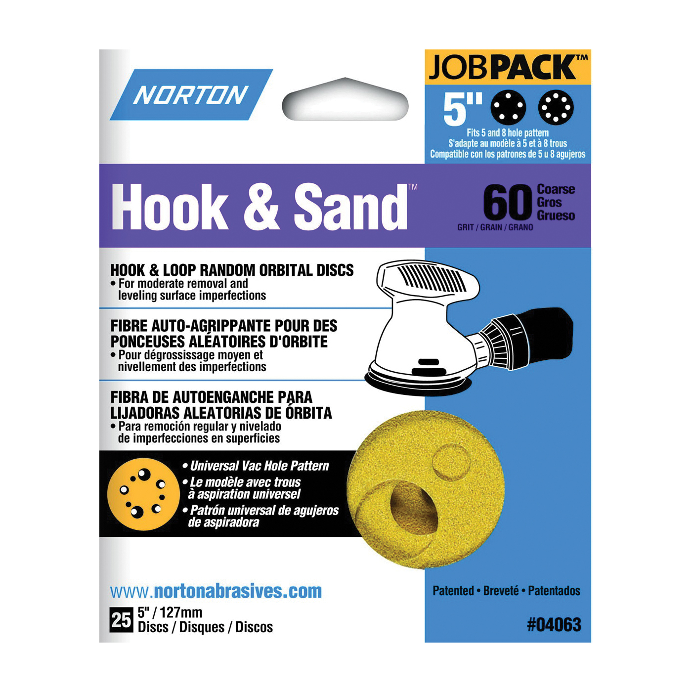 Norton 04063 Sanding Disc, 5 in Dia, Coated, P60 Grit, Coarse, Aluminum Oxide Abrasive, Paper Backing, Universal Vacuum
