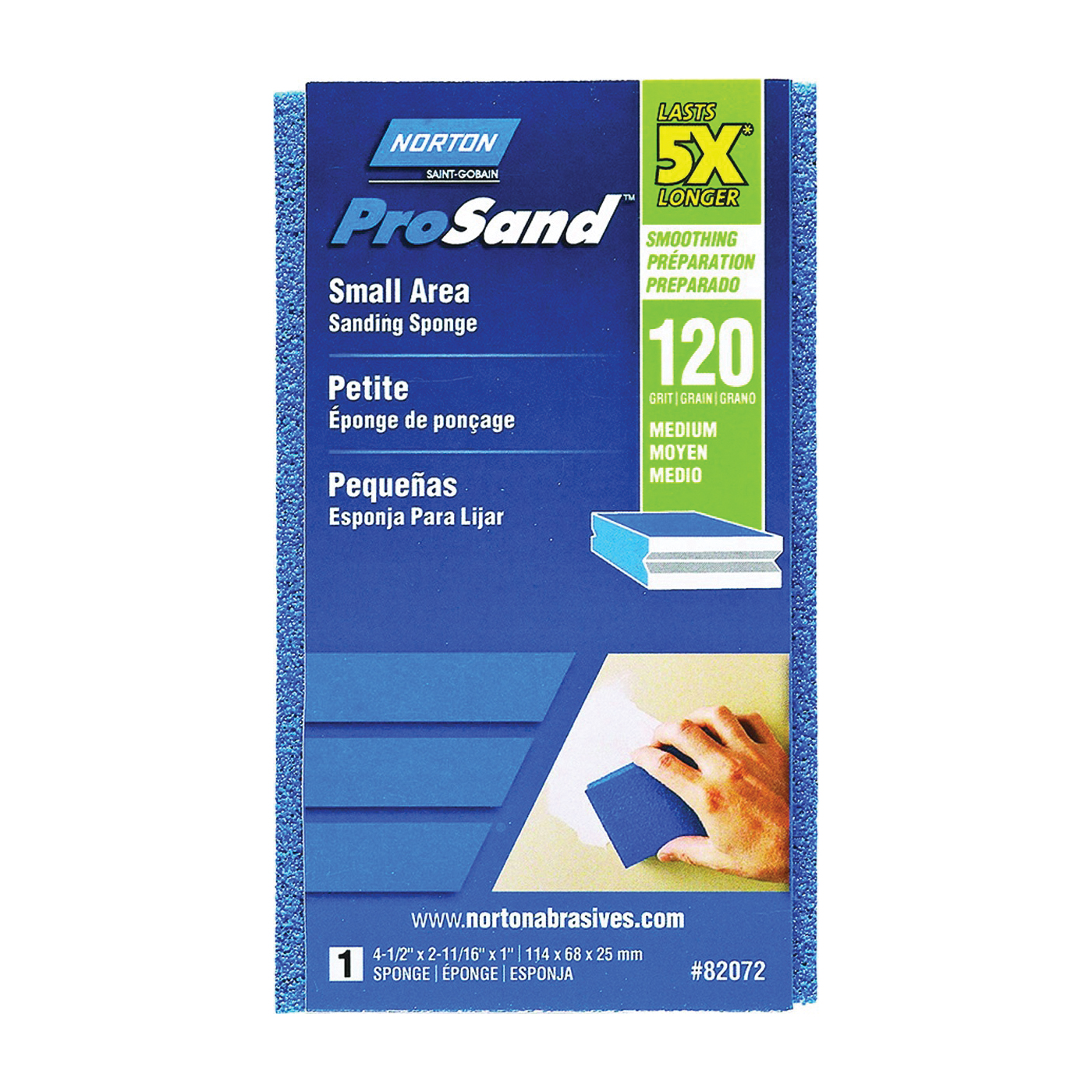 ProSand 82072 Sanding Sponge, 4-1/2 in L, 2-11/16 in W, 120 Grit, Fine, Aluminum Oxide Abrasive