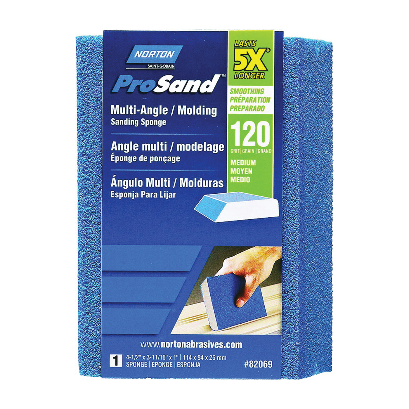 ProSand 82069 Sanding Sponge, 4-1/2 in L, 3-11/16 in W, 120 Grit, Medium, Aluminum Oxide Abrasive