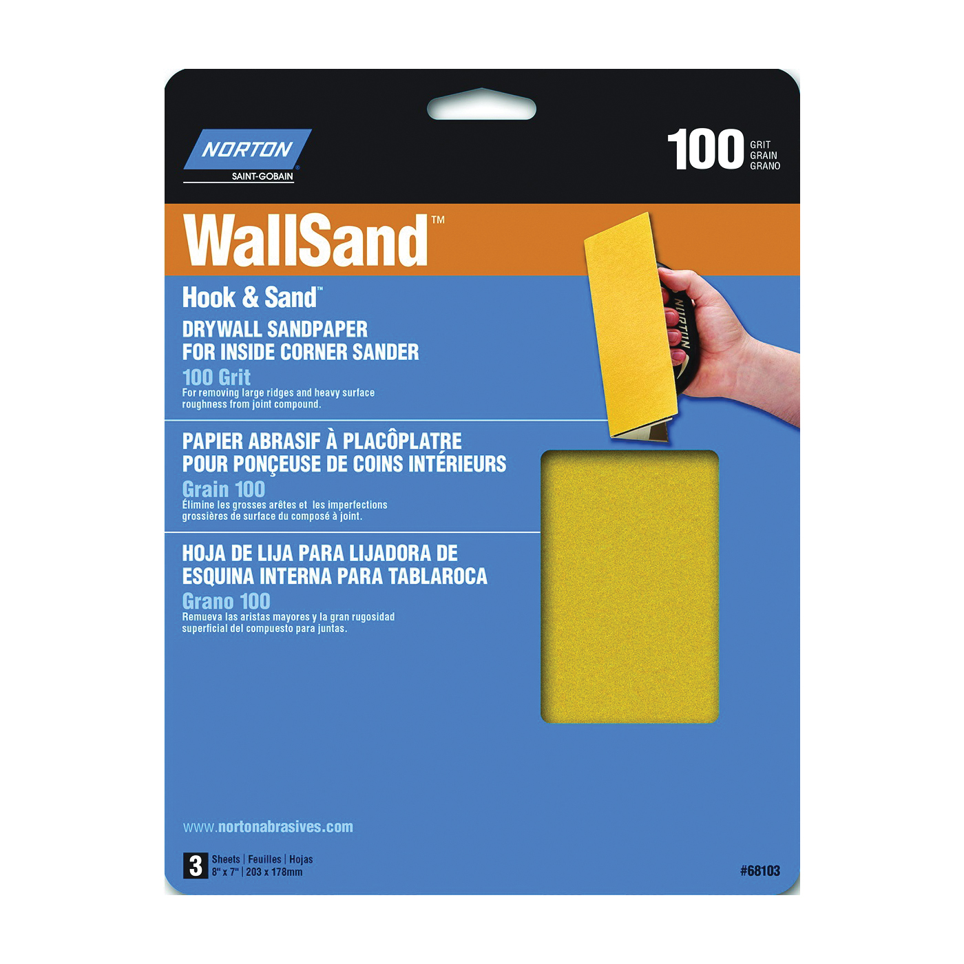 68103 Corner Sandpaper, 8 in L, 7 in W, P100 Grit, Medium, Aluminum Oxide Abrasive