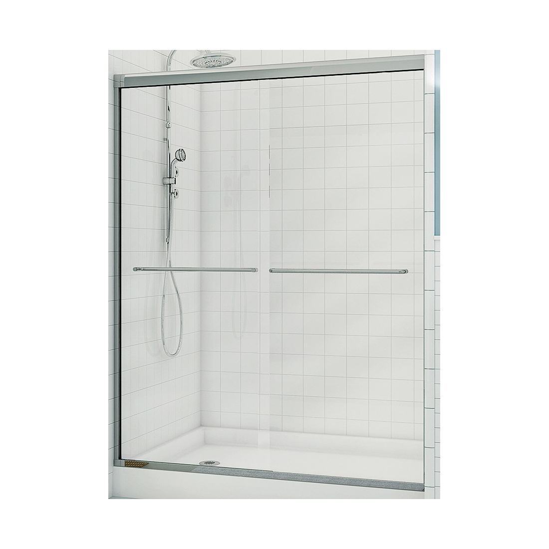 Aura 135663-900-084 Sliding Shower Door, Clear Glass, Tempered Glass, Semi Frame, 2-Panel, Glass, 1/4 in Glass