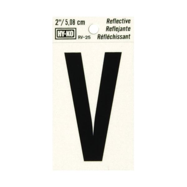 RV-25/V Reflective Letter, Character: V, 2 in H Character, Black Character, Silver Background, Vinyl