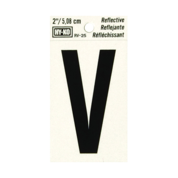 RV-25/V Reflective Letter, 1-1/2 in W x 3 in H Dimensions, Character: V, 2 in H Character, Black Character, Vinyl