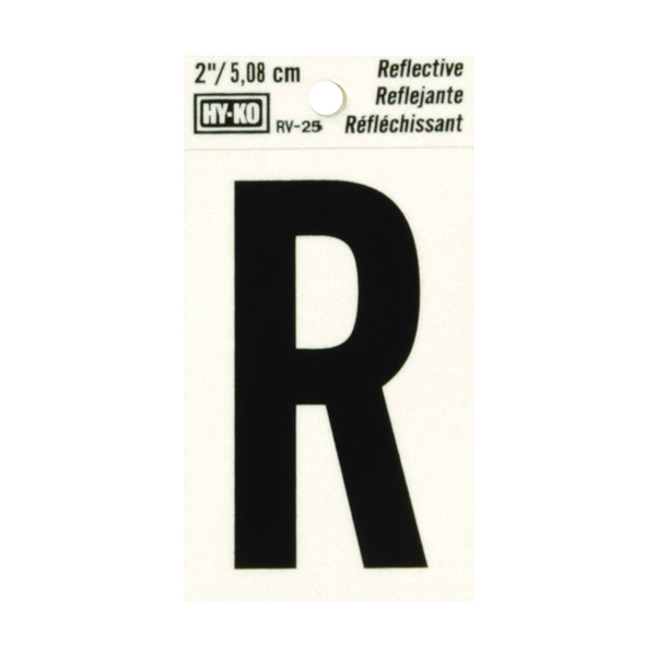 RV-25/R Reflective Letter, Character: R, 2 in H Character, Black Character, Silver Background, Vinyl