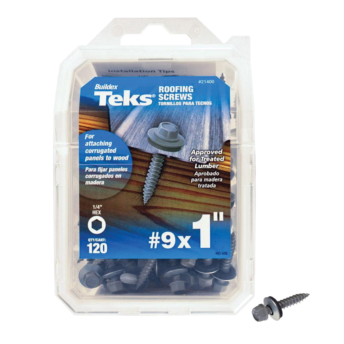 21400 Roofing Screw, #9 Thread, Fine Thread, Hex Drive, Sharp Point, Steel, Zinc