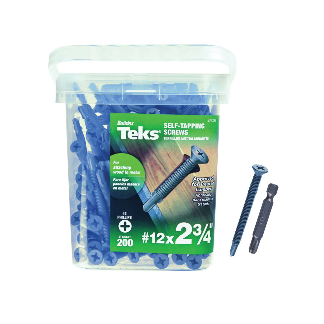 21386 Roofing Screw, #12 Thread, Fine Thread, Hex, Phillips Drive, Drill, Self-Tapping Point, Steel, Zinc, 200 ea