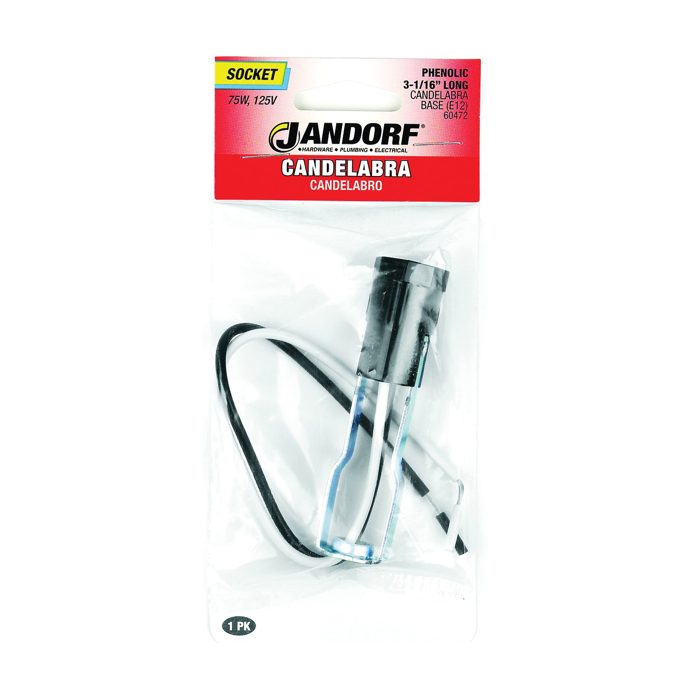 60472 Lamp Socket, 3.06 in W Dimensions, 125 V, 75 W, Phenolic Housing Material, Black