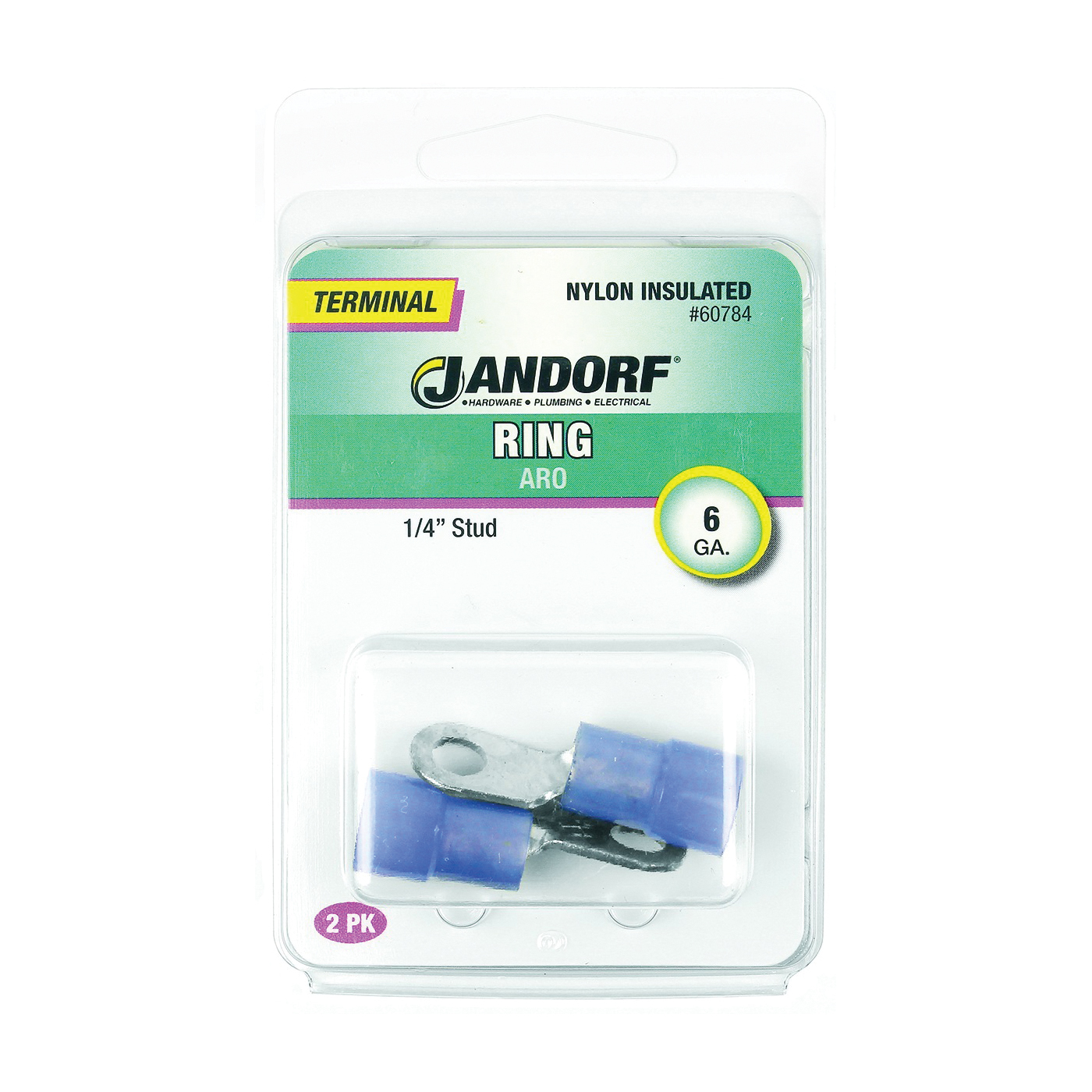 Jandorf 60784 Ring Terminal, 6 AWG Wire, 1/4 in Stud, Nylon Insulation, Copper Contact, Blue