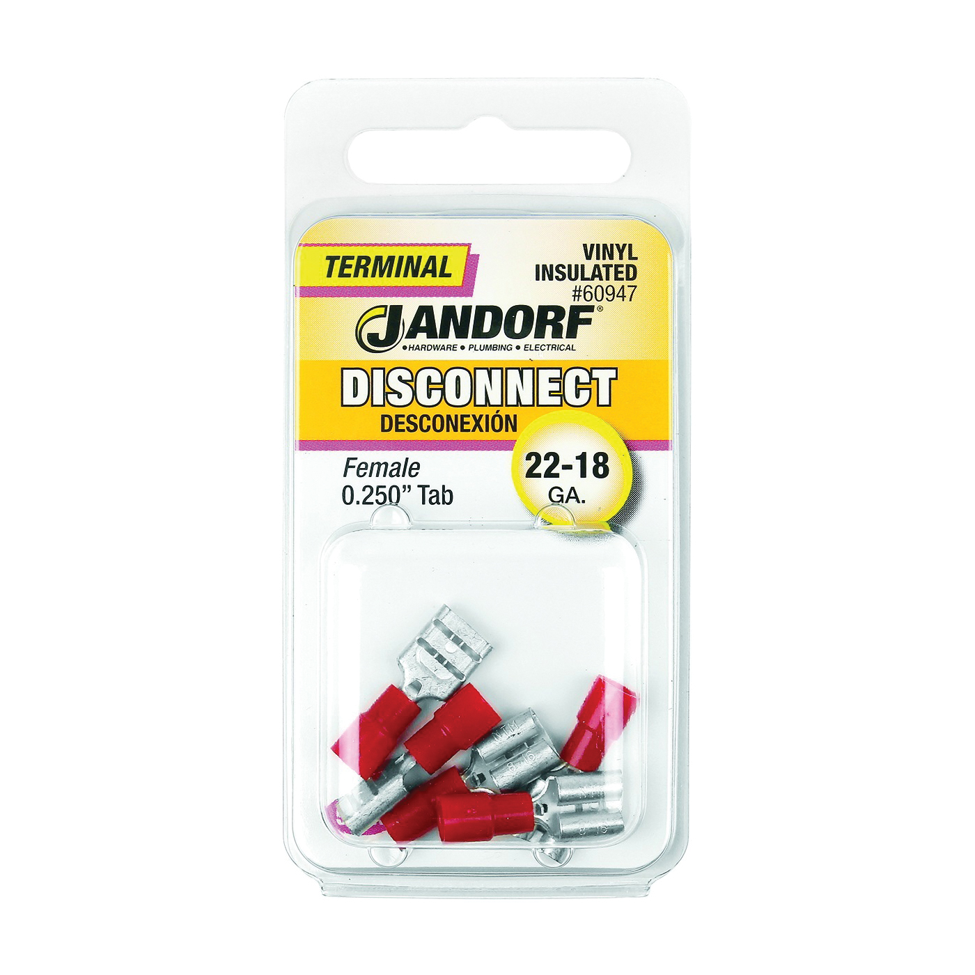 Jandorf 60947 Disconnect Terminal, 22 to 18 AWG Wire, Vinyl Insulation, Copper Contact, Red, 5/PK