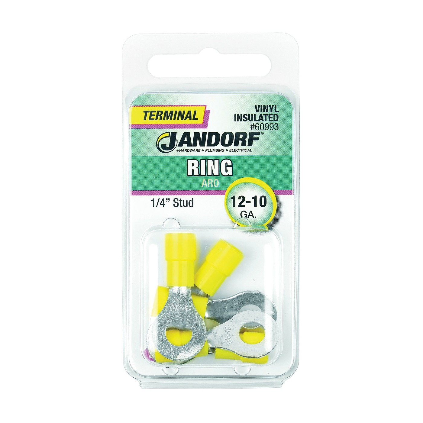 Jandorf 60993 Ring Terminal, 12 to 10 AWG Wire, 1/4 in Stud, Vinyl Insulation, Copper Contact, Yellow