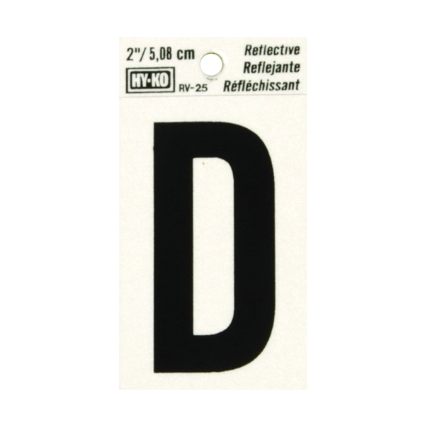 RV-25/D Reflective Letter, 1-1/2 in W x 3 in H Dimensions, Character: D, 2 in H Character, Black Character, Vinyl