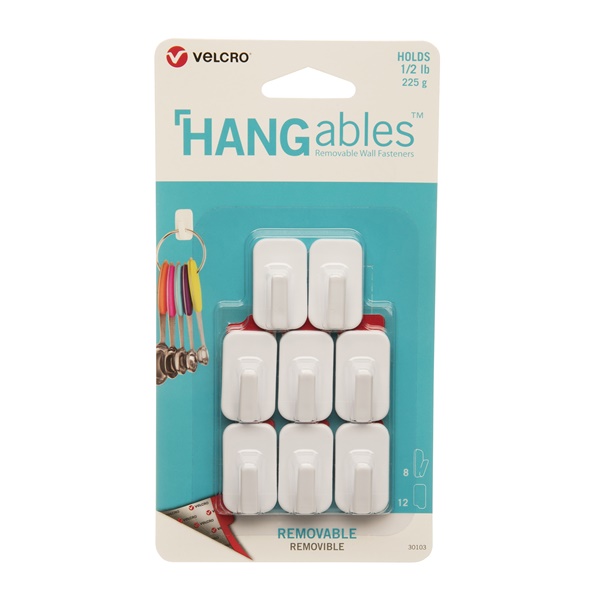 HANGables VEL-30103-USA Removable Wall Hook, 0.5 lb, 8-Hook, White