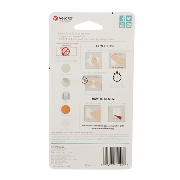 VELCRO Brand HANGables VEL-30105-USA Removable Wall Hook, 0.5 lb, 4-Hook, Black