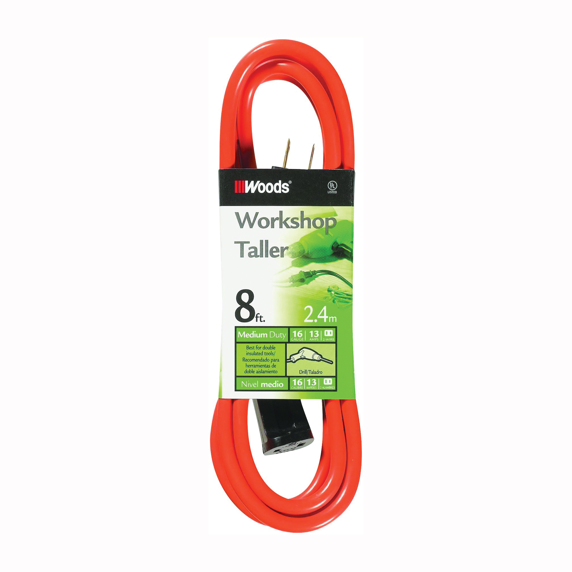 Woods 0720 Extension Cord, 16 AWG Cable, 8 ft L, 13 A, 125 V, Orange