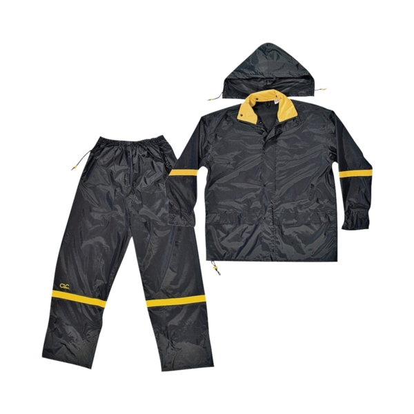 R103L Rain Suit, L, 190T Nylon, Black/Yellow, Detachable Collar, Zipper Closure