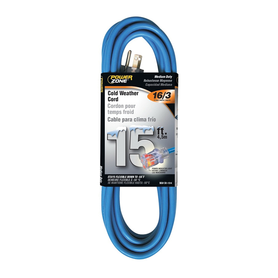 Cold Weather Extension Cord, 16 AWG Cable, 5-15P Grounded Plug, 5-15R Grounded Receptacle, 15 ft L, 13 A, 125 V