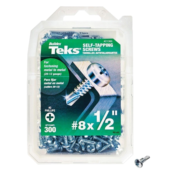 21360 Screw, #8 Thread, 1/2 in L, Coarse Thread, Pan Head, Phillips Drive, Self-Drilling, Self-Tapping Point, Steel, Zinc, 300 PK