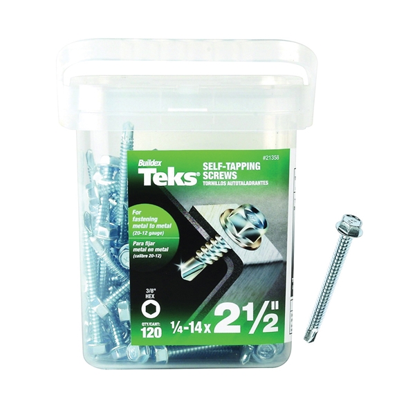 21358 Screw, #14 Thread, 2-1/2 in L, Hex Drive, Self-Drilling, Self-Tapping Point, Steel, Zinc