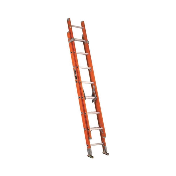 FE3216 Extension Ladder, 193 in H Reach, 300 lb, 1-1/2 in D Step, Fiberglass, Orange
