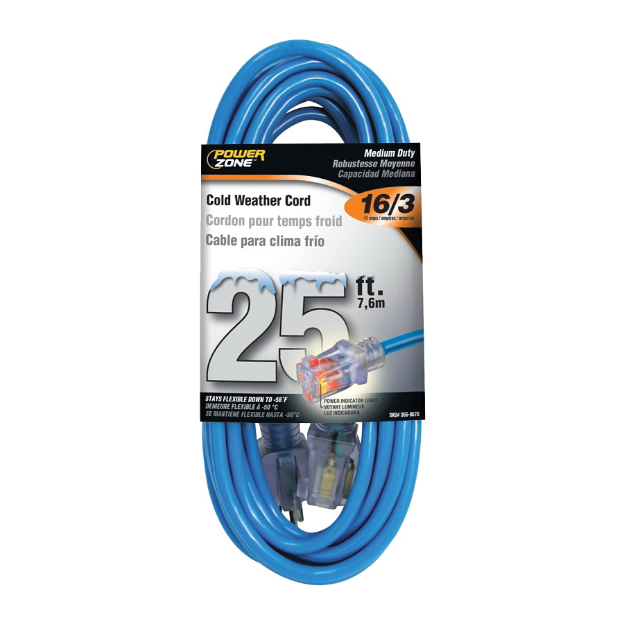 Cold Weather Extension Cord, 16 AWG Cable, 5-15P Grounded Plug, 5-15R Grounded Receptacle, 25 ft L, 13 A, 125 V